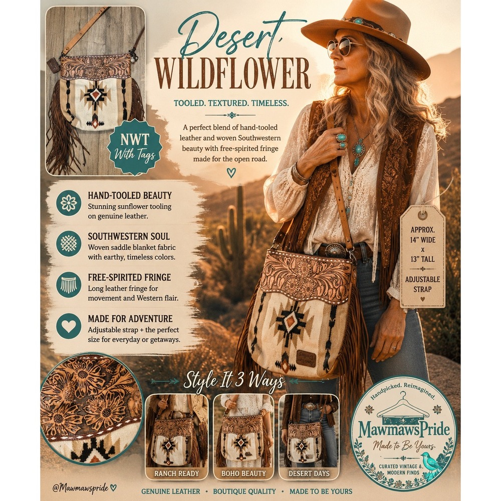 American Darling Western‎ Crossbody Bag Tooled Leather Fringe Southwestern NWT